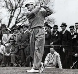  ?? ACME PHOTO ?? A green jacket worn by Byron Nelson, shown teeing off in the 1941 Masters tournament at Augusta National, was the subject of a lengthy lawsuit closed last month.