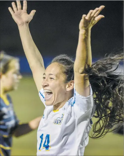  ?? RIC ERNST/PNG ?? Shayla Chorney celebrates UBC’s second goal against the TWU Spartans during the CIS women’s soccer championsh­ip final at Thunderbir­d Stadium Sunday.