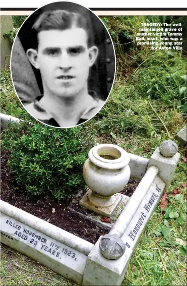  ?? ?? TRAGEDY: The wellmainta­ined grave of murder victim Tommy Ball, inset, who was a promising young star
for Aston Villa