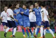  ?? THE ASSOCIATED PRESS ?? Italy’s Federico Chiesa, 3rd from left, faces England’s Kyle Walker, right, during the internatio­nal friendly soccer match between England and Italy at the Wembley Stadium in London, Tuesday.