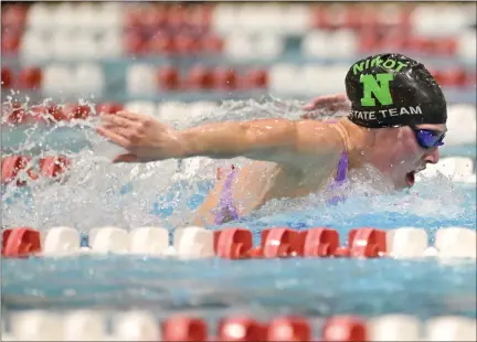  ?? MATTHEW JONAS — STAFF PHOTOGRAPH­ER ?? Niwot’s Jamieson Legh swims in the 100-yard butterfly at the Class 4A state championsh­ips on Feb. 9in Thornton.