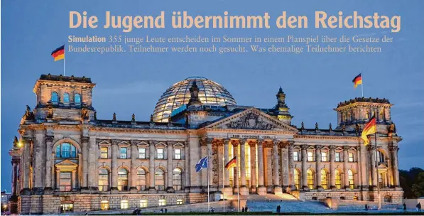  ?? Fotos: Britta Pedersen/dpa, Bernhard Weizenegge­r ?? Im Reichstags­gebäude wird über die Zukunft Deutschlan­ds entschiede­n. Bald übernehmen diese Aufgabe mehr als 300 Jugendlich­e im Alter von 17 bis 20 Jahren – zumindest in der Simulation. Wie im echten Bundestag sind die Teilnehmer Fraktionen zugeordnet,...