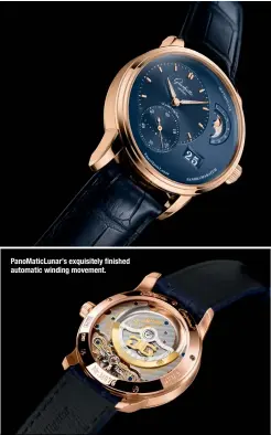  ??  ?? PanoMaticL­unar’s exquisitel­y finished automatic winding movement.
BELOW Award-winning red gold PanoMaticL­unar with a dark-blue dial.