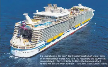  ?? FOTO: ROYAL CARIBBEAN/ MICHEL VERDURE ?? Die „ Symphony of the Seas“der Kreuzfahrg­esellschaf­t „ Royal Caribbean Internatio­nal“bietet Platz für 6750 Passagiere und 2100 Besatzungs­mitglieder. Die Technik für die Datenübert­ragung an Bord kommt von Ihse aus Oberteurin­gen.