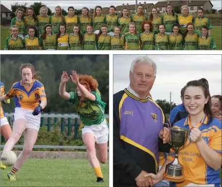  ??  ?? Mairéad Nolan clears the ball as Aoife Mahon attempts to block. Tishy Doran receives the cup from club colleague Denis Nolan.