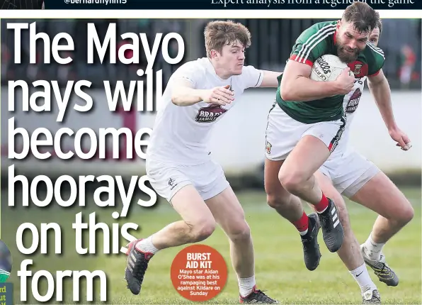  ??  ?? BURST AID KIT Mayo star Aidan O’shea was at his rampaging best against Kildare on Sunday
