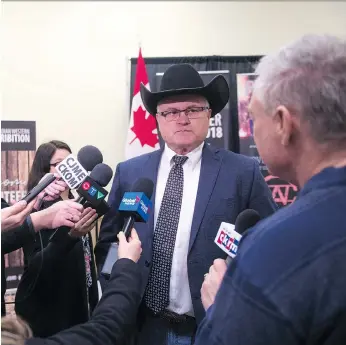  ?? BRANDON HARDER ?? Agribition president Bruce Holmquist speaks to reporters after the organizati­on’s AGM in Regina.