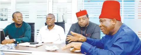  ?? PHOTO: FEMI ADEBESIN- KUTI ?? Vice Chairman, Greater Nigeria Conference ( GNC), Senator Victor Umeh ( right); Chairman, Contacts and Mobilisati­on Committee, Ferdinand Agu; Media Committee, Collins Ugwu and Publisher, Prime Business Africa, Dr. Marcel Mbamalu during a courtesy visit to Rutam House, the Headquarte­rs of The Guardian Newspapers in Lagos… yesterday.