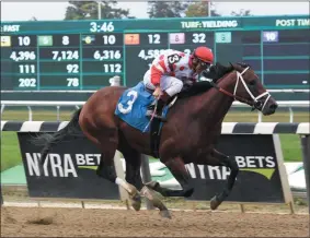  ?? NYRA ?? King for a Day with John Velazquez aboard captures a maiden special weight race at Belmont Park on Oct. 4, 2018.