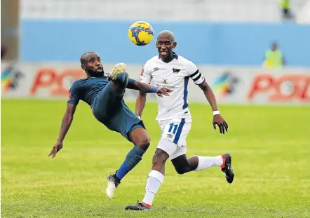  ?? Picture: GALLO IMAGES/RICHARD HUGGARD ?? UP FOR CHALLENGE: Chippa United’s Mark Mayambela, right, and Makhehleni Makhaula of Free State Stars in action during a previous encounter at Sisa Dukashe Stadium in Mdantsane. The Chilli Boys will be back at the same venue facing Black Leopards in a league clash on Saturday evening.