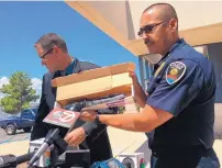  ?? LAUREN VILLEGRAN/JOURNAL ?? Las Cruces Police Chief Jaime Montoya on Monday shows the knife that police said was carried by a robbery suspect who was fatally shot by officers Sunday.