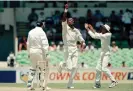  ?? Photograph: David Munden/Popperfoto/Getty Images ?? Curtly Ambrose celebrates having Australia’s Steve Waugh caught behind at the Waca in Perth in 1997.