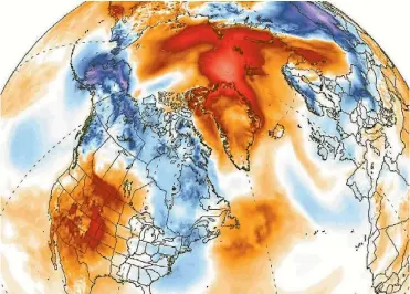  ?? IMAGE: CLIMATE REANALYZER ?? ‘‘It’s just wrong’’: This week’s unusual burst of heat in the Arctic.