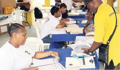  ?? PHOTO BY CHRISTOPHE­R SERJU ?? A member of the Electoral Office of Jamaica scrutinise­s the identifica­tion card of a voter at the JAS election of officers.