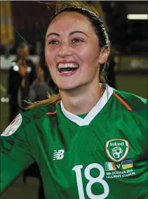  ??  ?? Megan celebrates with supporters after the Republic of Ireland’s victory over Ukraine in the European Championsh­ip qualifier at Tallaght Stadium last October.