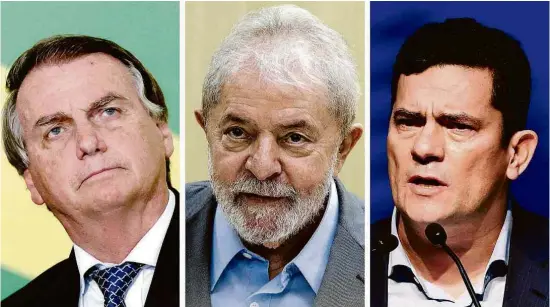  ?? Ueslei Marcelino/Reuters Marlene Bergamo/Folhapress Evaristo Sá/AFP ?? Os pré-candidatos ao Palácio do Planalto nas eleições do ano que vem: Jair Bolsonaro (sem partido), Lula (PT) e Sergio Moro (Podemos)