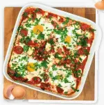  ??  ?? Serves 4 for $12 Simple Baked Tomatoes, Chorizo, Feta & Eggs