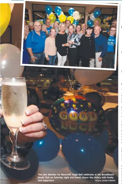  ?? Picture: JASON O’BRIEN ?? The new Member for Moncrieff Angie Bell celebrates at the Broadbeach Bowls Club on Saturday night and (inset) shares the victory with family and supporters.