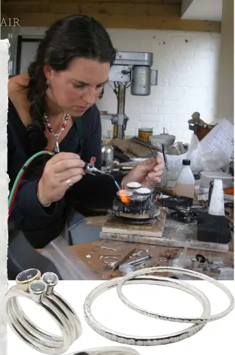  ??  ?? In her Dorset workshop, Min creates textured and hammered silver jewellery, decorating it with freshwater pearls and semiprecio­us stones