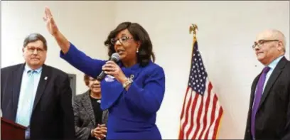  ?? TRENTONIAN FILE PHOTO ?? Verlina Reynolds-Jackson gives brief remarks after she was named State Assemblype­rson for the 15th District to fill the seat vacated by Liz Muoio.