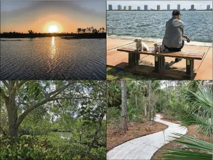  ?? PHOTOS BY LARRY AYDLETTE/THE PALM BEACH POST ?? TOP LEFT:
Sunsets are satisfying at Pine Glades Natural Area in northwest Palm Beach County.
TOP RIGHT:
A man and his dogs chill along the waterfront at Kelsey Park in Lake Park.
BOTTOM LEFT:
A view of the mangroves and Intracoast­al along the...