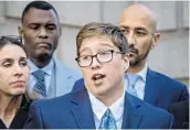  ?? RON HARRIS/AP ?? Transgende­r student Drew Adams speaks with reporters outside of the 11th Circuit Court of Appeals on Dec. 5, 2019, in Atlanta.