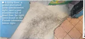  ??  ?? A filthy floor; a grime-encrusted meat thermomete­r, right; and a pest eliminator full of dead flies, far right, were found in the Flames takeaway, below right