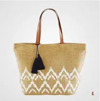  ??  ?? !) Jute beach bag with white graphic motifs, £41.39, Maisons du Monde. 1