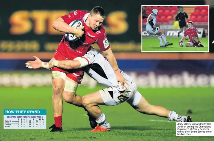  ??  ?? James Davies is tackled by Will Addison during the Champions Cup match at Parc y Scarlets. (Inset) Steff Evans scores one of his two tries.