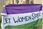  ?? ?? Says it all: clockwise from far left, Judith Woods; inside the Woman’s Place UK meeting; feminists hold a banner