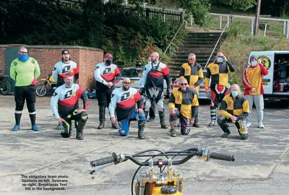  ??  ?? The obligatory team photo. Upstarts on left, Veterans on right. Brooklands Test
Hill in the background.