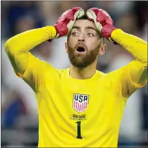  ?? RICARDO MAZALAN — THE ASSOCIATED PRESS ?? Goalkeeper Matt Turner of the United States reacts during the World Cup group B soccer match between Iran and the United States at the Al Thumama Stadium in Doha, Qatar on Tuesday.