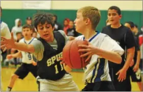  ?? BARRY TAGLIEBER - FOR DIGITAL FIRST MEDIA ?? Magic’s Bryce Absher looks to pass as Spurs’ Simon Selverian defends during their PMYC Big Brothers game.