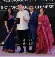  ?? ?? The Oberoi New Delhi team—Chuanxi Sun, master chef Chinese cuisine, Baoshuan, Yabez Dutt, asst manager F&B, and Arpana Pradhan, Sr communicat­ions manager.