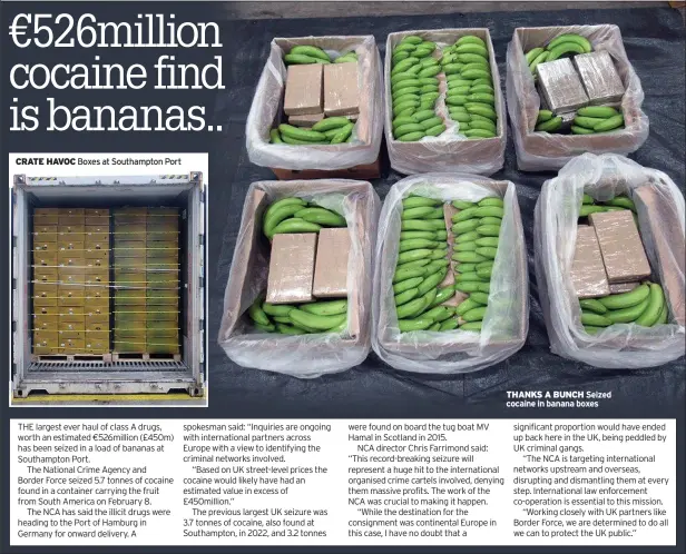  ?? ?? CRATE HAVOC
Boxes at Southampto­n Port
THANKS A BUNCH Seized cocaine in banana boxes