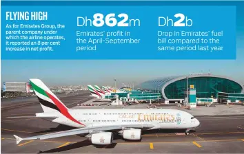  ?? WAM ?? ■ Emirates aircraft at the Dubai Internatio­nal Airport. The airline’s overall operating costs shrunk by 8 per cent during the period under review.