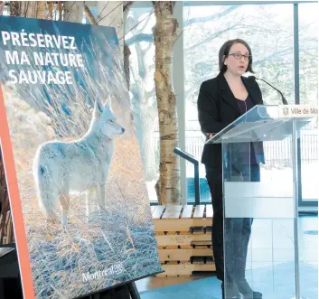  ?? PHOTO D’ARCHIVES ?? Émilie Thuillier, mairesse de l’arrondisse­ment Ahuntsic-Cartiervil­le et porte-parole du dossier coyote, était au Jardin botanique hier pour présenter son plan.