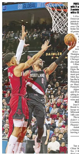  ?? AFP ?? The Portland Trail Blazers’ Damian Lillard drives to the basket against Kenyon Martin Jr. of the Houston Rockets in their game at the Moda Center Arena in Portland, Oregon.