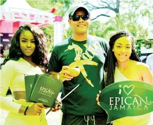  ?? CONTRIBUTE­D PHOTOS ?? Xodus’ Carlos Philpotts was spotted with Epican hostesses Gabriel Dwyer (left) and Isabelle Henriques at the Xodus Debut Breakfast Party recently.
