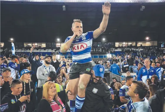  ?? AMAZING VICTORY: Josh Reynolds addresses the crowd after Cantebury scored an unlikely win over the Knights in his last game at the ground as a Bulldogs player. ??