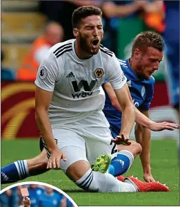  ??  ?? PAINFUL: Jamie Vardy saw red (left) for his challenge on Matt Doherty