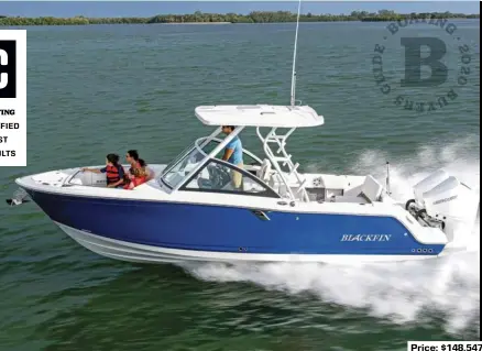  ??  ?? SPECS: LOA: 24'6" BEAM: 8'10" DRAFT (MAX): 2'8" (engines down) DRY WEIGHT: 5,800 lb. (without engines) SEAT/WEIGHT CAPACITY: Yacht Certified FUEL CAPACITY: 140 gal.
HOW WE TESTED: ENGINES: Twin 150 hp Mercury FourStroke DRIVE/PROPS: Outboard/Mercury Rev 4 19" pitch 4-blade stainless steel GEAR RATIO: 1.92:1 FUEL LOAD: 140 gal. CREW WEIGHT: 560 lb.