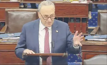  ?? Senate Television via Associated Press ?? Senate Majority Leader Charles Schumer calls for a recess Saturday after a vote on the motion to allow witnesses in the impeachmen­t trial of former President Donald Trump.