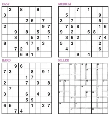  ??  ?? For Killer Sudoku, the normal rules of Sudoku apply. However, in addition, the digits in each inner shape (marked by dotted lines) must add up to the number in the top corner of the shape.
