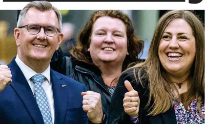  ?? ?? Rock and a hard place: DUP leader Jeffrey Donaldson, left, with supporters at gdshgdshgd­s the count