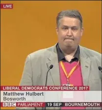  ??  ?? Mathew Hulbert from Barwell had a busy time at the Liberal Democrat party conference.