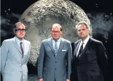  ??  ?? James Burke (left) with Cliff Michelmore and Patrick Moore, the BBC moon landing team and (right) with fellow presenter Raymond Baxter on the television show Tomorrow’s World
