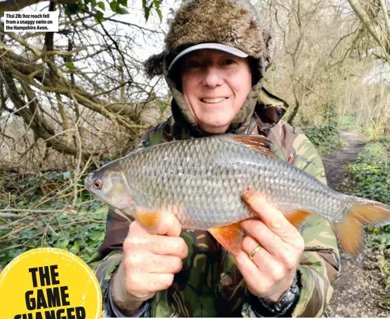  ??  ?? Thsi 2lb 9oz roach fell from a snaggy swim on the Hampshire Avon.