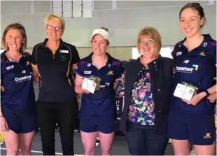  ??  ?? CELEBRATIN­G NETBALL: Taking part in the visit to St Monica’s are (from left) Sunshine Coast Lightning community and team engagement manager Georgia Galton, St Monica’s teacher Kaylene Bruggemann, Sunshine Coast Lightning player Laura Scherian, St Monica’s administra­tion officer Lyndell Gillam and Sunshine Coast Lightning player Ashlee Unie.