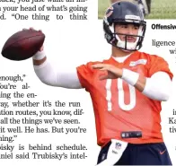  ??  ?? Offensive coordinato­r Mark Helfrich says Mitch Trubisky has turned the ball over too much, but sometimes it wasn’t his fault.